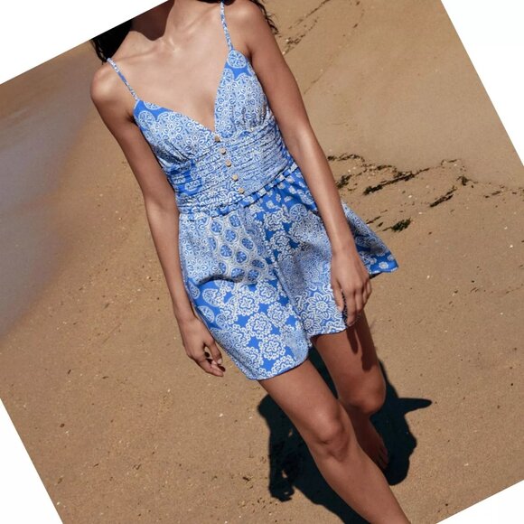 Zara Ruched Summer Tuscany Greece Vibe Printed Jumpsuit XS‎ 7987/771 - Picture 2 of 16